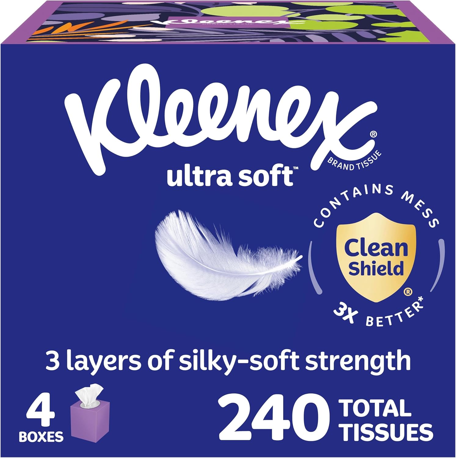Kleenex Ultra Soft Facial Tissues, 4 Cube Boxes, 60 Tissues per Box, 3-Ply (240 Total), Packaging May Vary